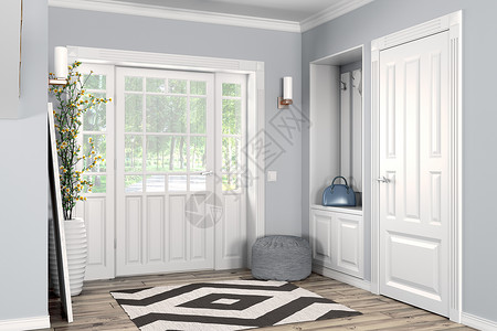 衣柜门素材现代走廊的室内与门三维渲染背景