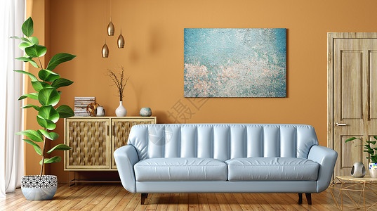 现代客厅内部配有蓝色皮革沙发木门橱柜,靠橙色墙壁,家庭三维渲染图片