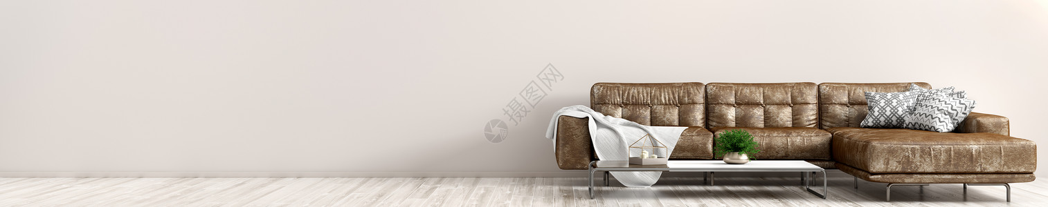 现代室内客厅与棕色皮革沙发米色墙与全景三维渲染图片