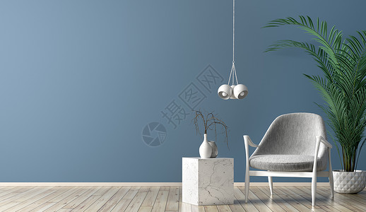 客厅内部有大理石茶几,白光灯灰色扶手椅,靠蓝色墙壁,三维渲染背景