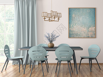 现代餐厅的内部,蓝色的桌子椅子靠白色的墙上,大窗户窗帘的三维渲染图片