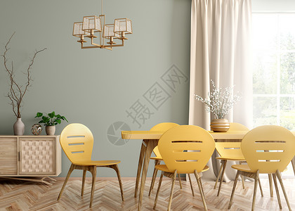 现代餐厅的内部,黄色的桌子椅子靠绿色的墙上,大窗户窗帘的三维渲染图片