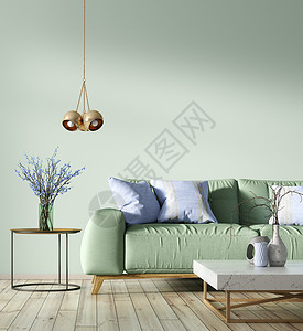 现代室内客厅与绿色沙发,咖啡桌灯3D渲染图片