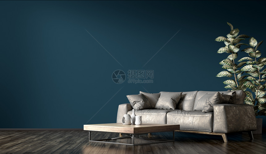 现代室内与灰色皮革沙发深蓝色墙壁三维渲染图片