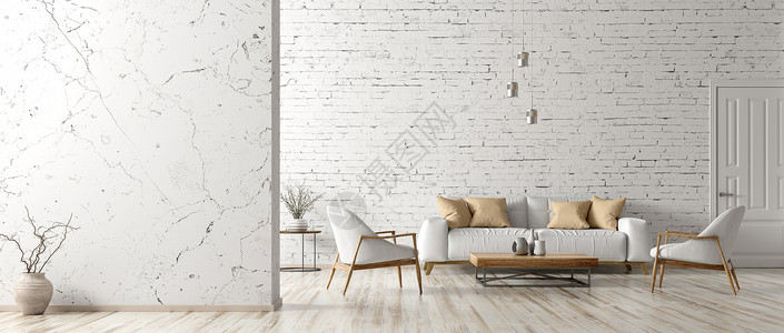 现代内部客厅白色沙发,茶几,扶手椅,大理石墙与,全景三维渲染图片
