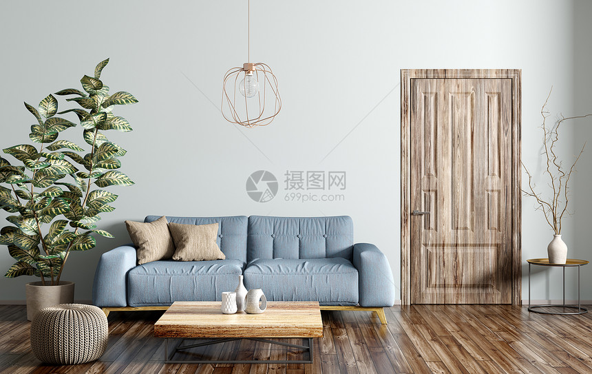 客厅现代室内,蓝色沙发,木制茶几,门三维渲染图片