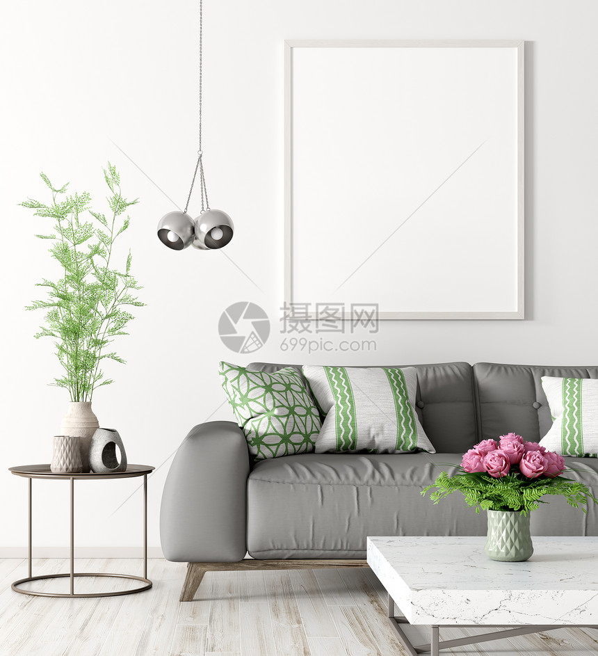 现代室内客厅与灰色沙发,茶几模拟海报上的墙壁3D渲染图片