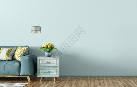 现代室内客厅与蓝色沙发,胸部轻3D渲染图片