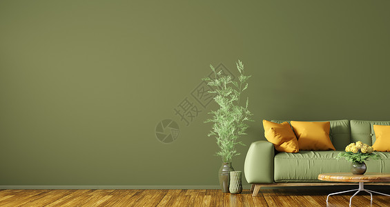 现代室内客厅与绿色沙发,茶几三维渲染图片