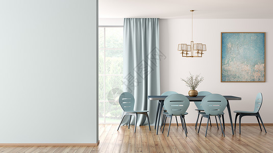 现代餐厅的内部,蓝色的桌子椅子靠白色的与大的窗户窗帘,模拟墙壁三维渲染图片