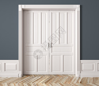 个房间的内部与经典的白色双滑动凸起的门蓝墙3D渲染背景图片
