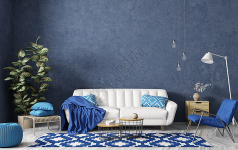 现代室内的客厅与白色沙发,咖啡桌,蓝色扶手椅与灰泥墙3D渲染背景图片