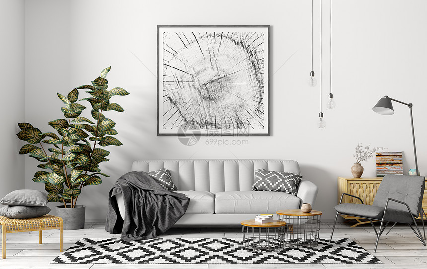 现代室内公寓,客厅灰色沙发,扶手椅,茶几植物3D渲染图片