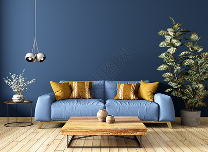 层压材料客厅现代室内,沙发,木制茶几,植物,靠蓝墙三维渲染背景