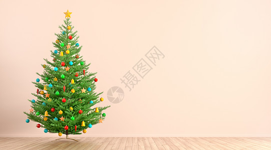 客厅内部装饰圣诞或新年树靠桃花墙与3D渲染图片