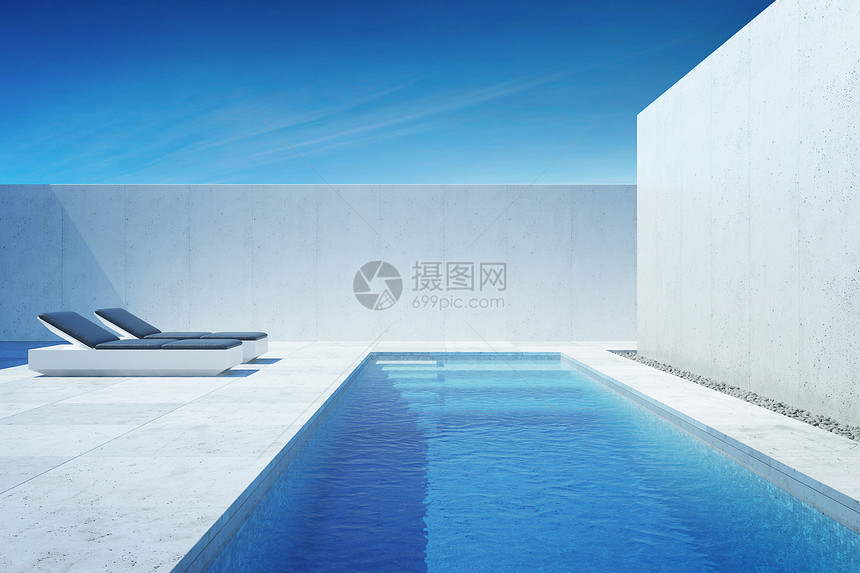 个豪华的现代后院,有游泳池,3D渲染图片
