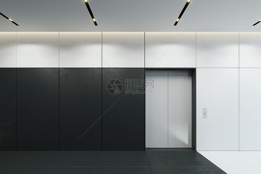 现代电梯,办公室大厅有闭门,3D渲染图片