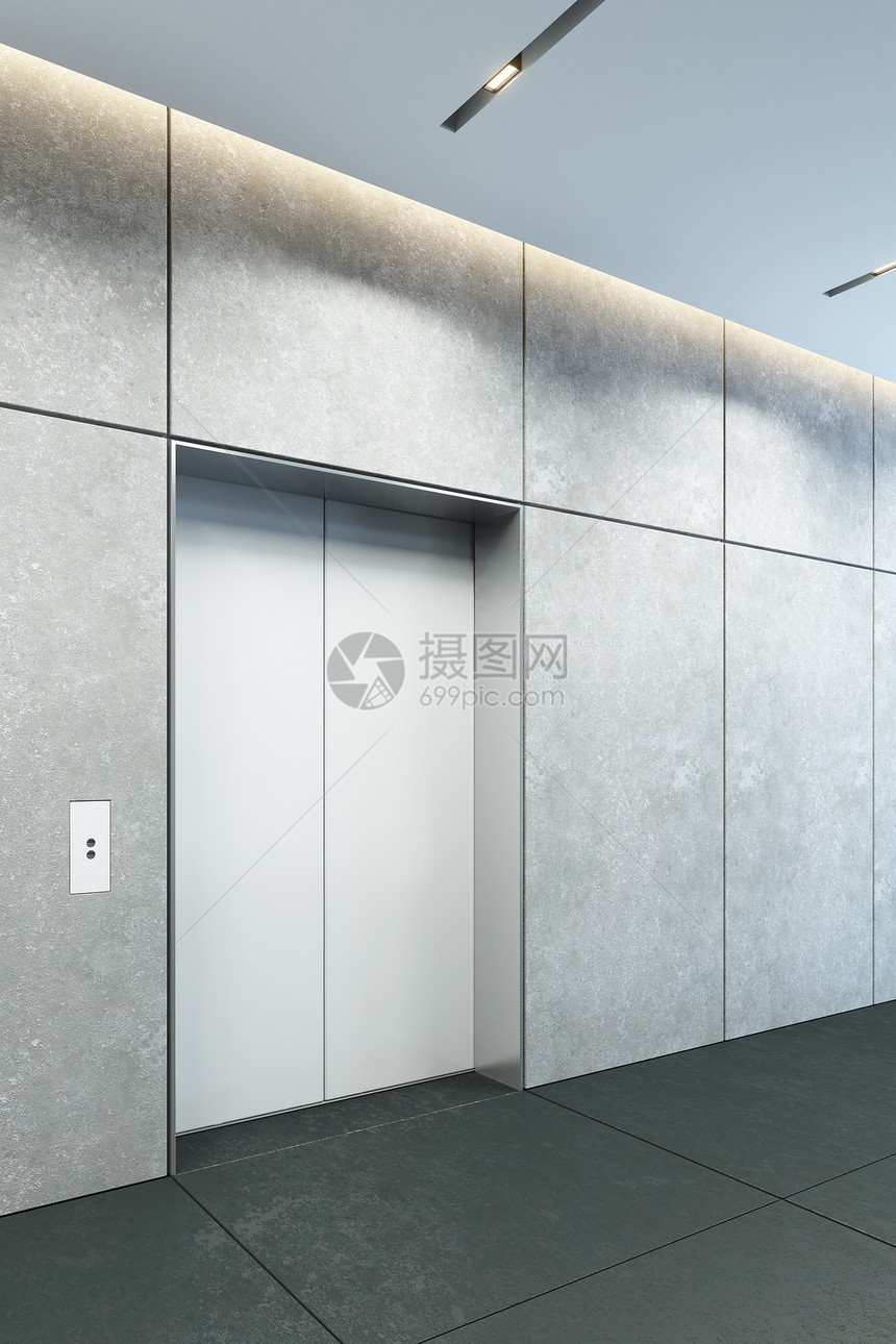 现代电梯,办公室大厅有闭门,3D渲染图片