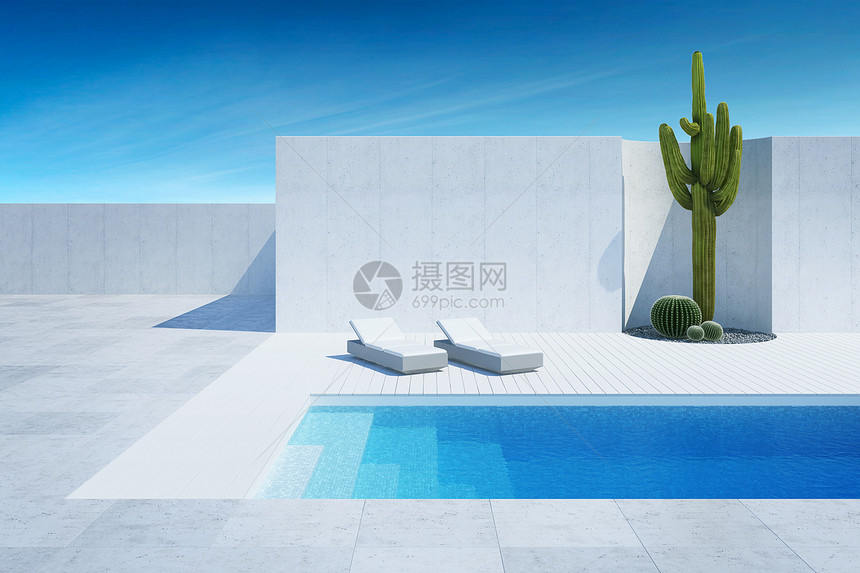 豪华的现代后院与游泳池,3D渲染图片