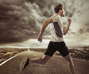 跑步路线个年轻的跑步者个富有表现力的姿势的肖像背景