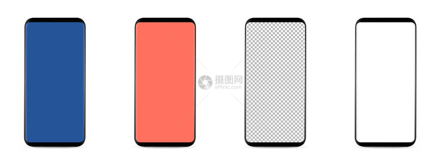 套4个无边框智能手机与空白透明屏幕,隔离白色背景屏幕被切割出路径四个无边框智能手机图片