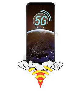 5G连接线元素推出5G智能手机与行星地球屏幕上,隔离白色背景这幅图像的元素由美国宇航局提供手握5g智能手机背景