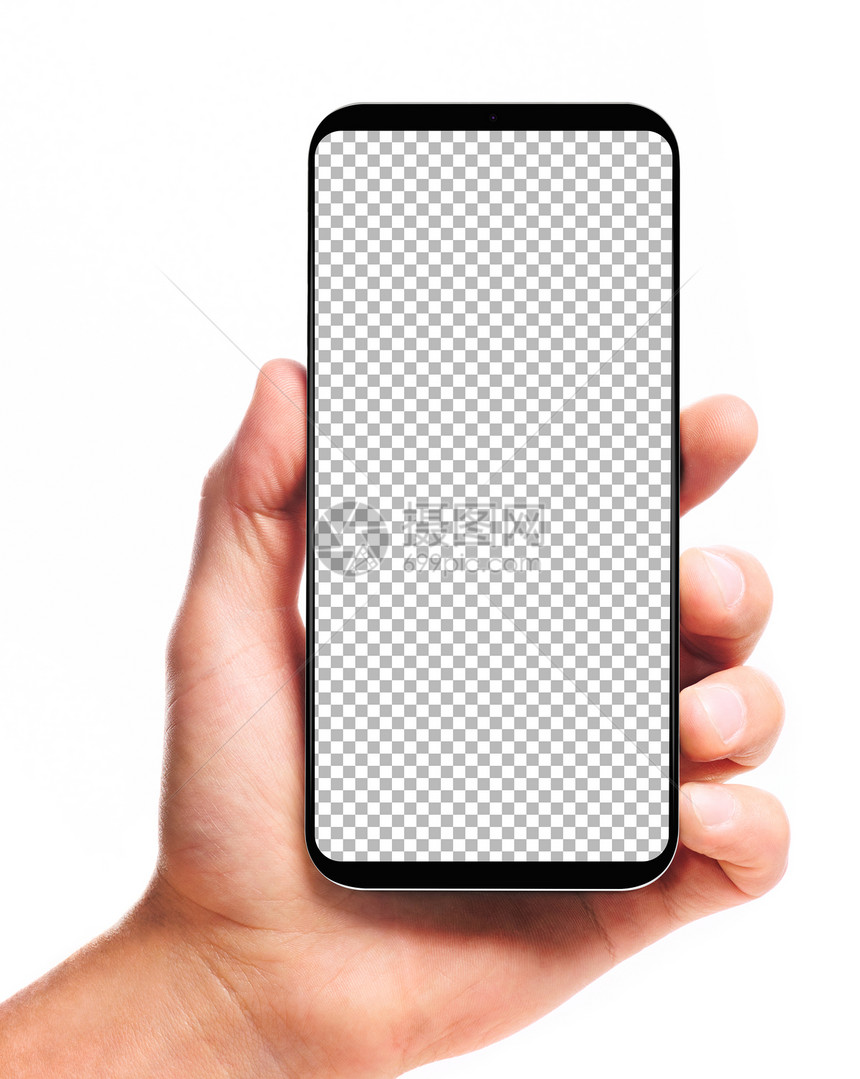 男手无边框智能手机与空白透明屏幕,隔离白色背景屏幕被切割出路径手握无边框智能手机图片