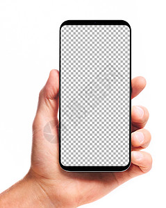 无边框素材男手无边框智能手机与空白透明屏幕,隔离白色背景屏幕被切割出路径手握无边框智能手机背景