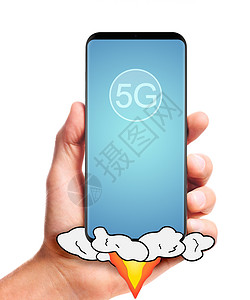 手机宽带男手持启动5g智能手机,隔离白色背景上手握5g智能手机设计图片