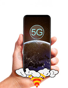 5G连接线元素男手握启动5g智能手机与行星地球屏幕上,孤立白色背景这幅图像的元素由美国宇航局提供手握5g智能手机背景