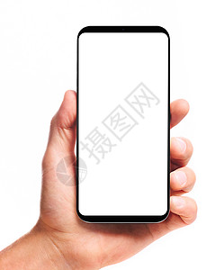 男手无边框智能手机与空白屏幕,隔离白色背景屏幕被切割出路径手握无边框智能手机背景图片