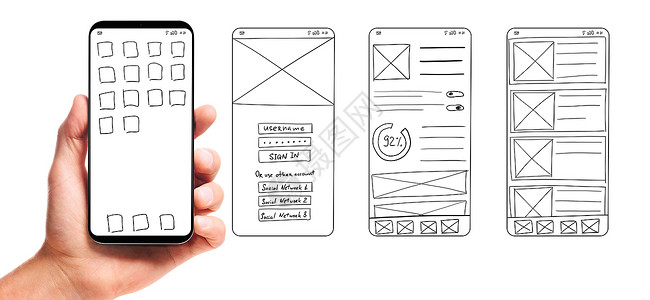 手机原型素材UI开发男手持智能手机与线框用户界面屏幕原型的移动应用程序白色背景开发移动应用程序UI设计图片