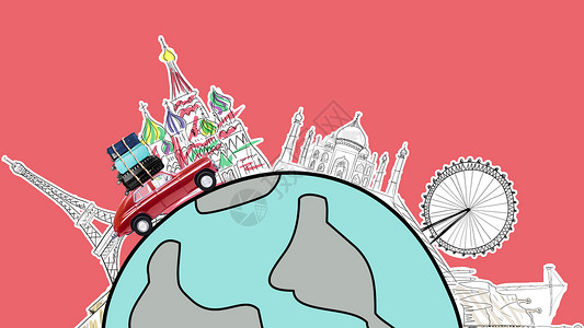 世界地图素描世界各地红色复古玩具汽车与旅行箱驾驶的著名纪念碑卡通星球上乘车旅行背景