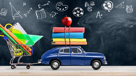 动画素材铅笔回到学校汽车用教育符号学校黑板上送书苹果汽车左向右移动无缝循环4k动画回到学校的汽车动画背景