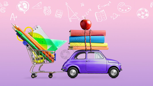 动画素材铅笔回到学校汽车运送购物车与文具,书籍苹果与紫色粉红色的学校黑板与教育符号无缝循环4k动画回到学校的汽车动画背景