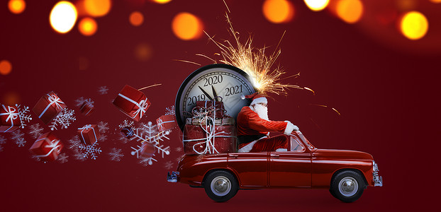 圣诞时钟圣诞节倒计时到来圣诞老人汽车上送新年礼物时钟蓝色背景汽车上的圣诞老人倒计时背景