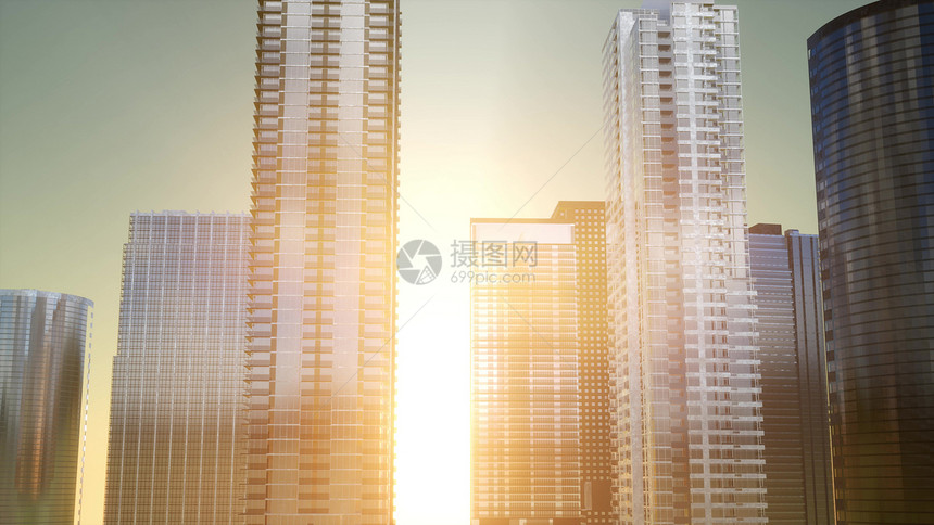 商业摩天大楼日落反射窗户,曼谷,泰国老式过滤日落时的商业摩天大楼反射窗户上图片