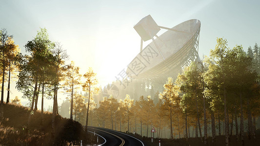 索科罗日落时森林里的天文台射电望远镜设计图片