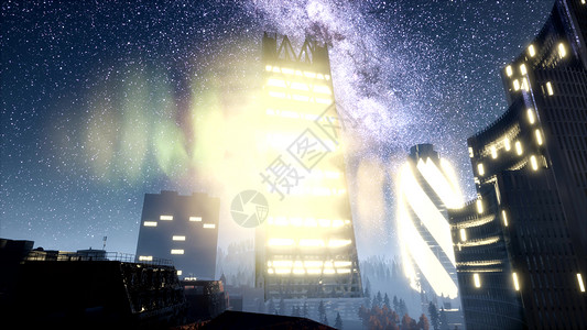 夜城市摩天大楼里有银河星图片