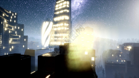 夜城市摩天大楼里有银河星纽约高清图片素材