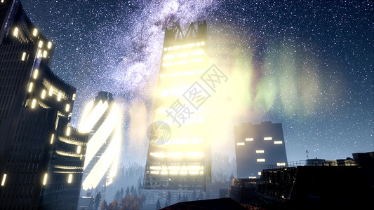 夜城市摩天大楼里有银河星广场高清图片素材