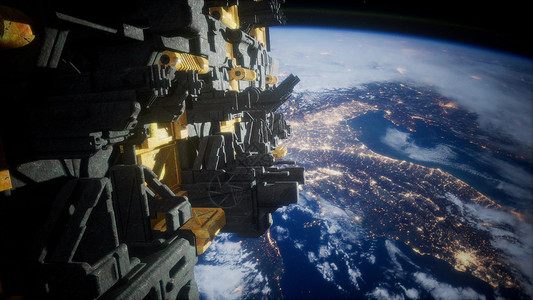 庞大的宇宙飞船舰队被称为母舰,即将到来的入侵中占据地球的位置母船地球上占据着即将到来的入侵的位置背景图片