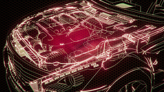 全息动画素材三维线框汽车模型与发动机水獭技术部件的全息动画三维线框汽车模型与发动机的全息动画背景
