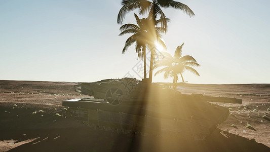 坦克战场日落时沙漠里的旧生锈的背景