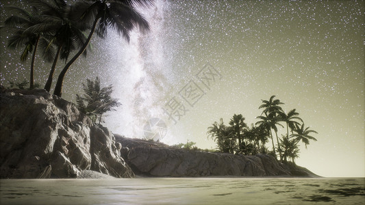 美丽的幻想热带海滩,夜空中有银河星图片