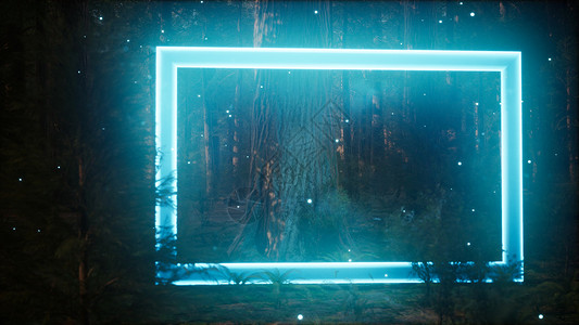 霓虹灯发光矩形框架夜间森林图片