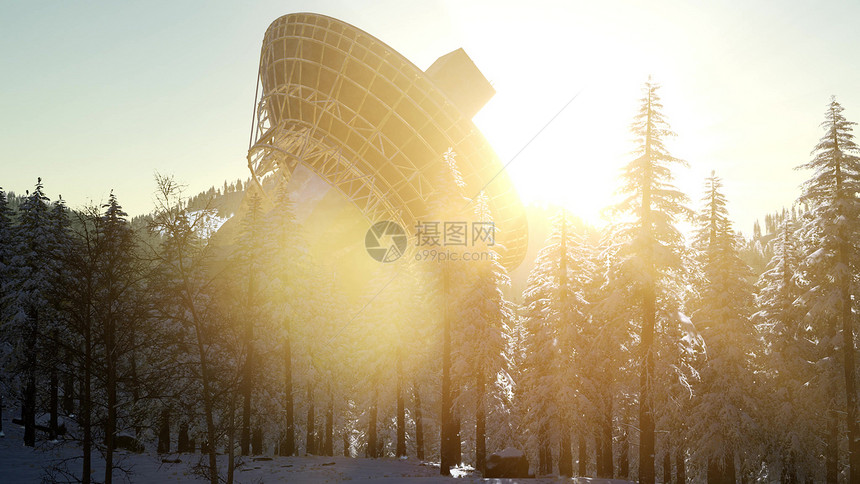 日落时森林里的天文台射电望远镜图片