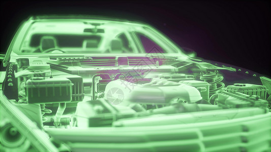 全息动画素材三维线框汽车模型与发动机水獭技术部件的全息动画三维线框汽车模型与发动机的全息动画背景
