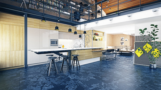 现代阁楼厨房内部,三维渲染图片