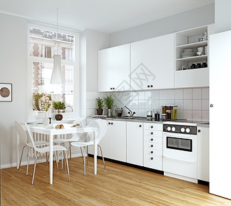 现代舒适的厨房内部三维渲染图片